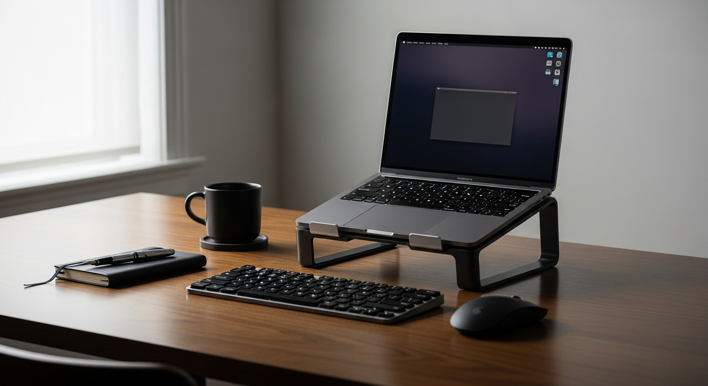 Suporte para notebook em alumínio sobre mesa de trabalho clean com iluminação natural — setup home office premium Narvo
