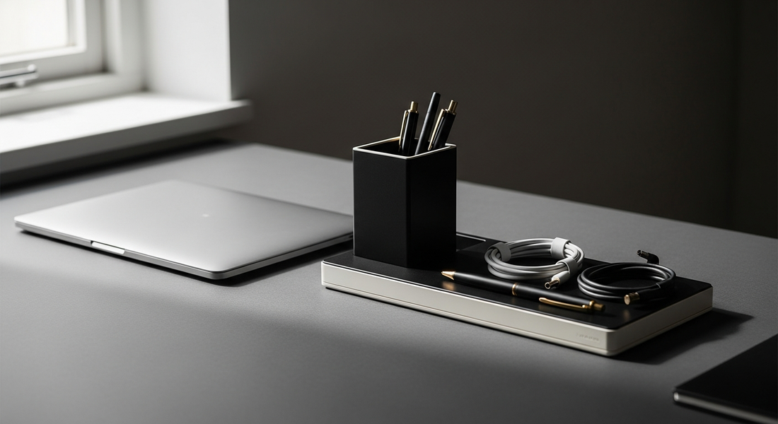 Organizador de mesa em alumínio sobre home office clean com MacBook e iluminação natural