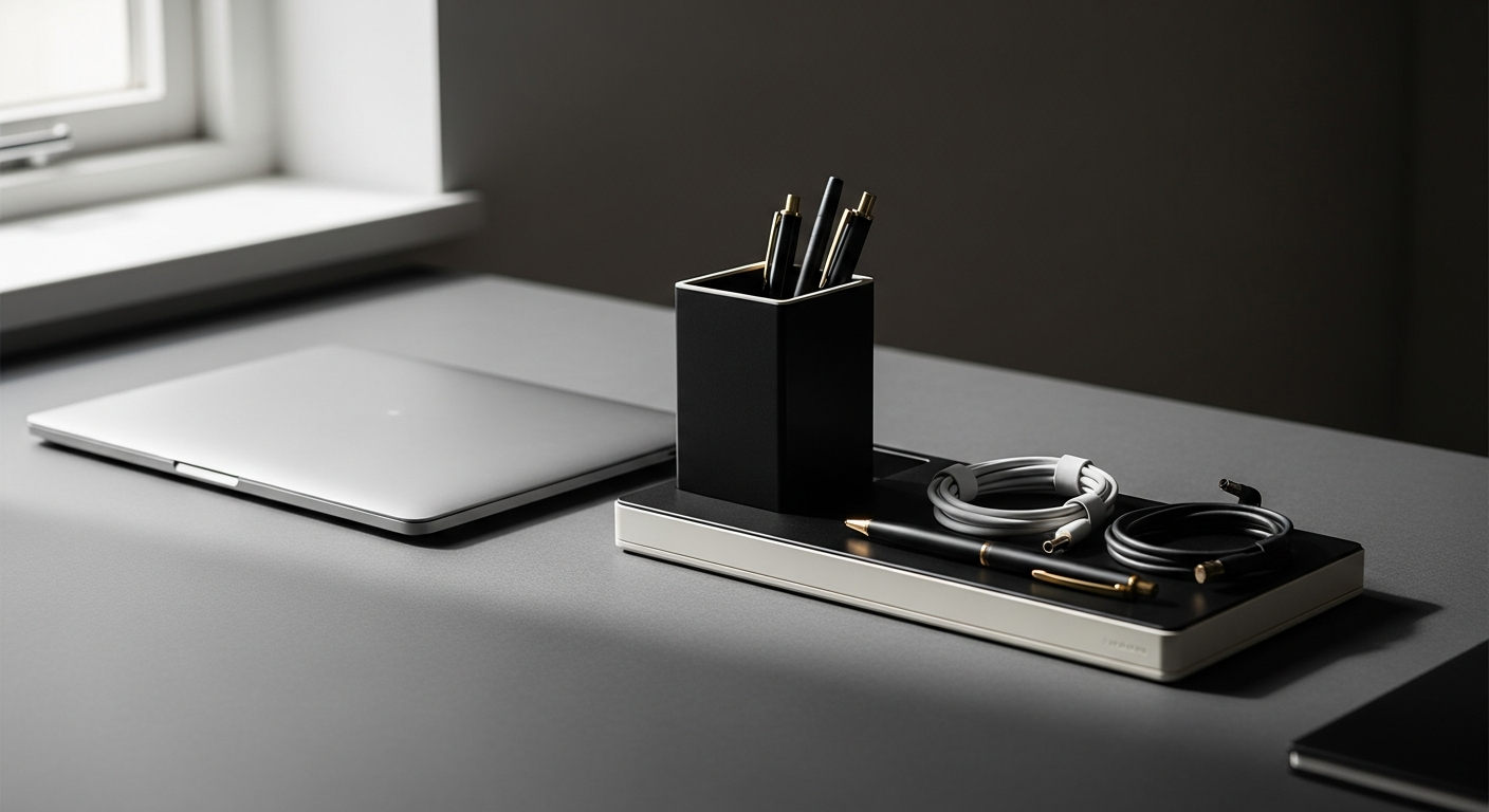 Organizador de mesa em alumínio sobre home office clean com MacBook e iluminação natural