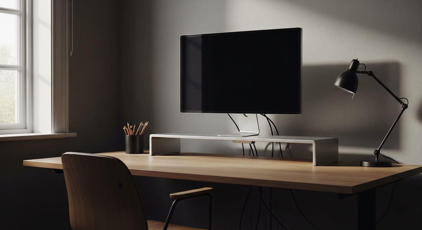 Setup home office premium com mesa de madeira, organização de cabos e iluminação natural — ambiente de trabalho de alto padrão
