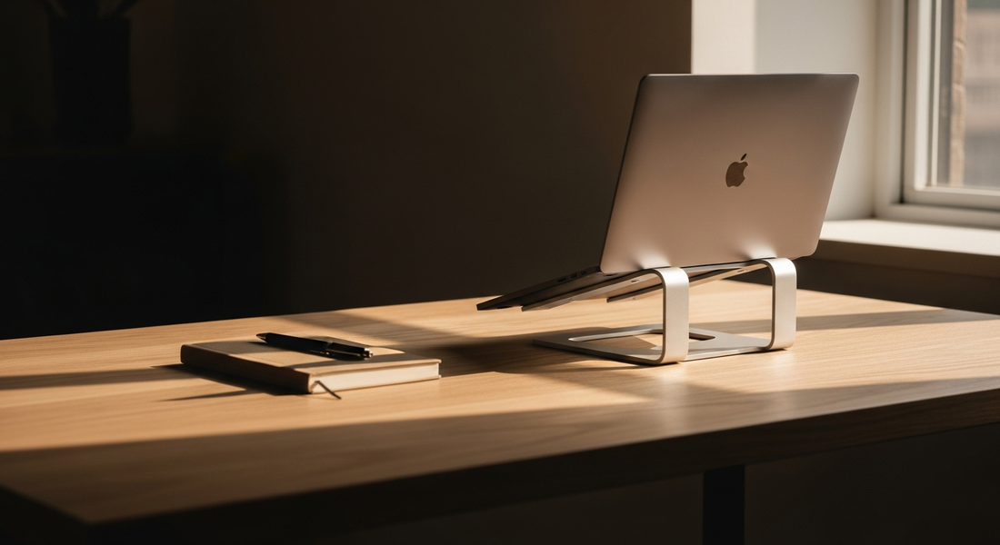 Setup de home office minimalista com mesa limpa, suporte de alumínio para notebook e luz natural — ambiente intencional de trabalho