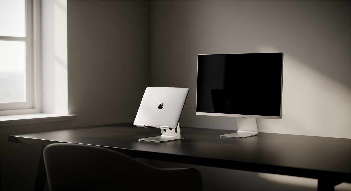 Setup de home office minimalista com suporte vertical para notebook sobre mesa clean com monitor externo ao fundo