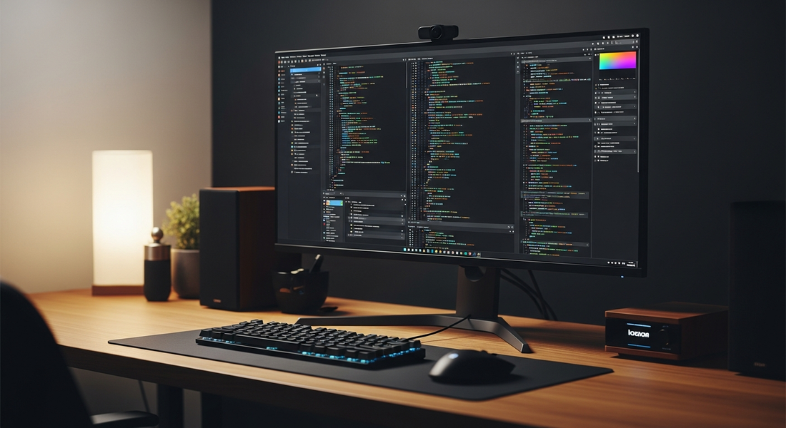 Setup de home office premium com monitor externo ultrawide sobre mesa de madeira com iluminação natural suave