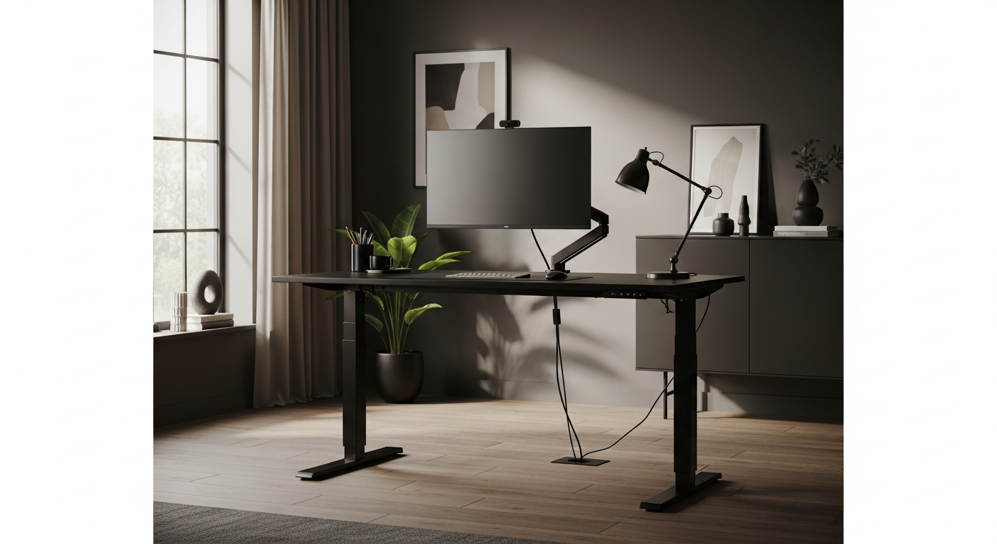 Setup de home office premium com standing desk preto matte e iluminação natural lateral