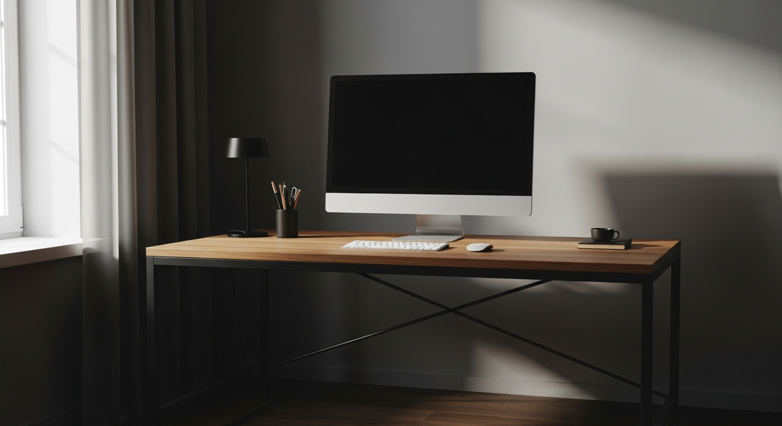 Setup minimalista de home office com mesa de trabalho clean e iluminação natural lateral — ambiente projetado para foco profundo