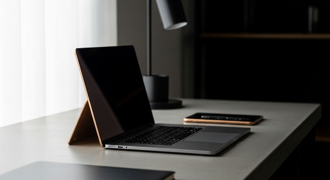 Monitor portátil slim em setup premium sobre mesa de concreto ao lado de notebook aberto, iluminação natural lateral