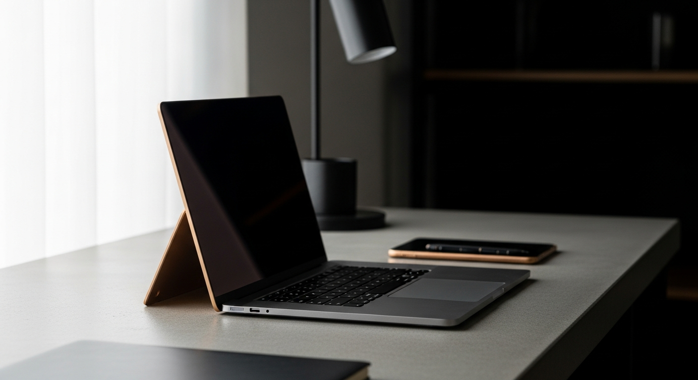 Monitor portátil slim em setup premium sobre mesa de concreto ao lado de notebook aberto, iluminação natural lateral