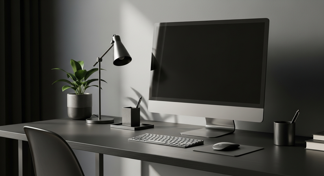 Setup de trabalho minimalista com superfície limpa e acessórios em aço matte — ambiente projetado para eliminar a procrastinação