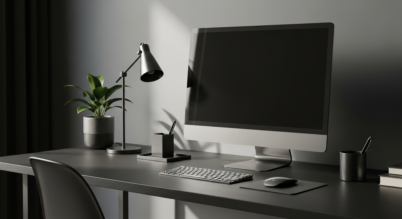 Setup de trabalho minimalista com superfície limpa e acessórios em aço matte — ambiente projetado para eliminar a procrastinação