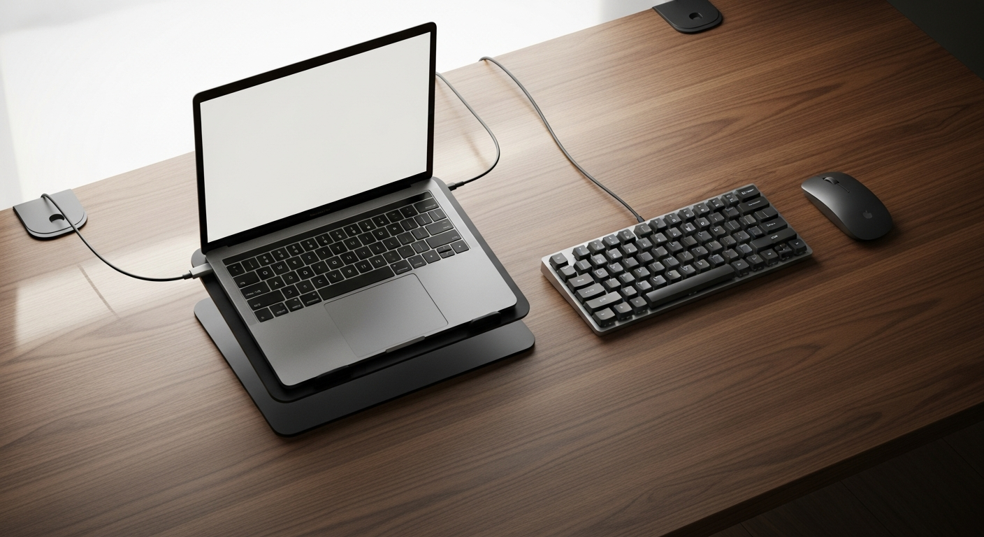 Setup de home office minimalista com suporte para notebook em alumínio matte sobre mesa de madeira clara, teclado e mouse posicionados, iluminação natural lateral